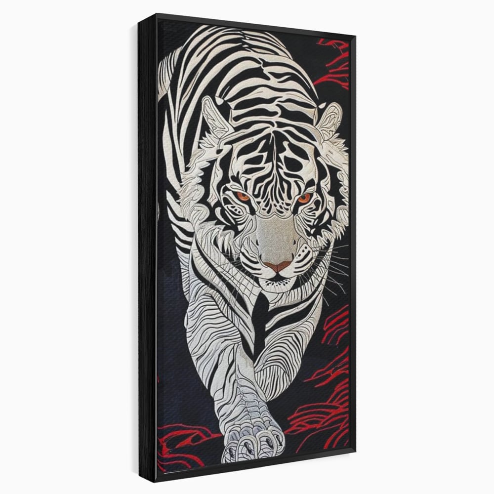 Tablou canvas cu tablou vertical cu tigru alb pe fundal negru, in rama de aluminiu negru